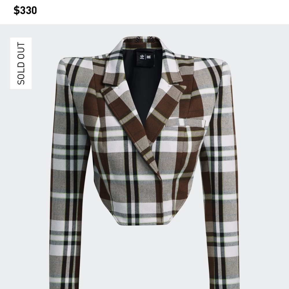 NWT Adidas x IVY PARK Rare Plaid Cropped Blazer in brown, white and green